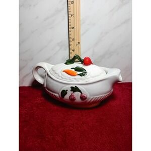Vintage Ceramic Gravy Boat with Lid Vegetable Harvest Corn Carrot Radish White
